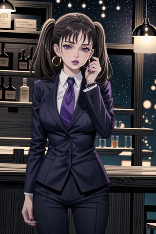 ((best quality)),  ((highly detailed)),  masterpiece,1girl, 1girl, (lips:1.3) (purple lips:1.4),pose:1.2, white shirt, suit, black jacket, black pants, black necktie, large breast, (hoop earrings:1.2), purple nails, looking at viewer, standing, cowboy shot, bar,outdoor,lamp,nigth,space, alcohol, purple nails, wristband,,diane, twintails, brown hair, purple eyes,<lora:659111690174031528:1.0>