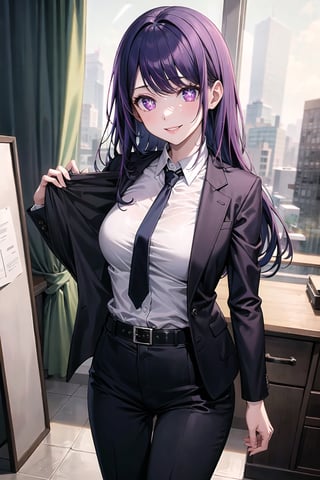 (best quality), (highly detailed), masterpiece, (official art), HOSHINO AI, lips, smile, top jacket:1.3,black pants, belt,,necktie,  black jacket,(black suit), long sleeves, shirt tucked in,looking at viewer, shirt, black necktie, white shirt, medium breasts,window, formal, office lady,pants, business suit, suit,  (intricately detailed, hyperdetailed), blurry background,depth of field, best quality, masterpiece, intricate details, tonemapping, sharp focus, hyper detailed, trending on Artstation,1 girl, solo,high res,official art,HOSHINO AI