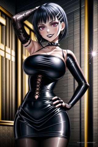 ((best quality)),  ((highly detailed)),  masterpiece,(Black lips:1.4),  ((official art)),  detailed face,  beautiful face, narrow_waist:1.3 , (intricate Black dress:1.4),(detailed eyes,  deep eyes),(science fiction, cyberpunk:1.3, street, shopping, dark background),((smirk, grin, naughty face, seductive smile, smug, arm behind head, hand_on_own_hip, head_tilt)),, ,cowboy shot,(lips), ,kirigaya suguha, blunt bangs, short bangs, black hair:1.3, short hair, hair ornament, hairclip,(red eyes),  cross-laced clothes, (spiked bracelet), corset:1.4,chinese dress:1.2, hoop earring, curvaceous, voluptuous body, (makeup:1.3) (lips:1.3), (latex),  (black tube top:1.2), gloves, fingerless gloves, skirt, black choker, belt, pencil skirt, pantyhose, miniskirt, (black skirt), black gloves, black legwear, black choker, Black nails,large breasts, conspicuous elegance, snobby, upper class elitist, possesses an arroaant charm. her Dresence commands attention and enw, (intricately detailed, hyperdetailed), blurry background, depth of field, best quality, masterpiece, intricate details, tonemapping, sharp focus, hyper detailed, trending on Artstation, 1 girl, solo, high res, official art,RockOfSuccubus,<lora:659111690174031528:1.0>