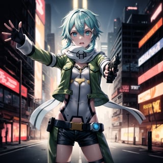 ((best quality)),  masterpiece, sinon1,(surprised:1.3), (scary:1.3), latex:1.3,
lips, aiming at viewer,holding pistol, ((sinon1, cyberpunk, hair ornament, hairclip)), ((arms outstretched, pose)),1girl,  bangs, belt pouch, black gloves, black shorts, blue eyes, blue hair,fingerless gloves, green jacket, green legwear, gun, hair between eyes, hair ornament, hairclip, highres, jacket, long sleeves, outdoors,  handgun, scarf, shadow, short hair, short hair with long locks, short shorts, shorts, sidelocks, sinon, pistol, solo,, sword art online, weapon, , fingerless gloves,
Anime illustration, post-apocalyptic cyberpunk setting, cowboy shot:1.3. . She holding a  handgun, shooting sideways:1.3.

The background features a ruined cityscape with neon signs, broken buildings, and flickering lights, enhancing the cyberpunk atmosphere. The scene is lit with a mix of neon glows and dark shadows, emphasizing the chaotic and dystopian environment.