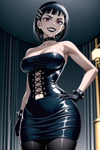 ((best quality)),  ((highly detailed)),  masterpiece,  ((official art)),  detailed face,  beautiful face, narrow_waist:1.3 , (intricate Black dress:1.4),(detailed eyes,  deep eyes),((extended_arm, presenting_gift, gift_giving, front_view, gesture)),(science fiction, cyberpunk:1.2, street, shopping, dark background),((smirk, grin, naughty face, seductive smile, smug, arm behind head, hand_on_own_hip, head_tilt)),, ,cowboy shot,(lips), ,kirigaya suguha, blunt bangs, short bangs, black hair:1.3, short hair, hair ornament, hairclip,(red eyes),  cross-laced clothes, (spiked bracelet), corset:1.4,chinese dress:1.2, hoop earring, curvaceous, voluptuous body, (makeup:1.3) (lips:1.3), (latex),  (black tube top:1.2), gloves, fingerless gloves, skirt, black choker, belt, pencil skirt, pantyhose, miniskirt, (black skirt), black gloves, black legwear, black choker, Black nails,large breasts, conspicuous elegance, snobby, upper class elitist, possesses an arroaant charm. her Dresence commands attention and enw, (intricately detailed, hyperdetailed), blurry background, depth of field, best quality, masterpiece, intricate details, tonemapping, sharp focus, hyper detailed, trending on Artstation, 1 girl, solo, high res, official art,RockOfSuccubus,<lora:659111690174031528:1.0>