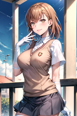 ((best quality)),  ((highly detailed)),  masterpiece,1girl, ((closed_mouth, sparkling_eyes, smug, shaded_face,evil smile)),(large breasts), tokiwadai school uniform, sweater vest, short sleeves, (](white gloves, elbow gloves)), pleated skirt, white thighhighs ,1girl, lips:1.2, makeup:1.2, ((gyaru)) ,jewelry, blush, earrings, looking at viewer, standing, cowboy shot, red hair, school, short hair, aamikoto ,hmmisaki,hypnoCollar,V-shaped eyebrows, 1girl