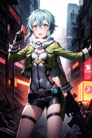 ((Best quality)), masterpiece, Sinon1, (surprised:1.5), lips, aiming at viewer, holding pistol, ((Sinon, cyberpunk, hair ornament, hairclip)), ((arms outstretched, pose)), 1girl, bangs, belt pouch, black gloves, black shorts, blue eyes, blue hair, fingerless gloves, green jacket, green legwear, gun, hair between eyes, hair ornament, hairclip, highres, jacket, long sleeves, outdoors, handgun, scarf, shadow, short hair, short hair with long locks, short shorts, shorts, sidelocks, Sinon, pistol, solo, sword art online, weapon, Anime illustration, post-apocalyptic cyberpunk setting, cowboy shot.

Sinon is on her knees, out of breath and agitated, with a surprised expression, lips slightly parted, as she senses something or someone behind her. She is holding her handgun, arms outstretched, aiming it at the viewer but glancing over her shoulder with wide eyes. The background features a ruined cityscape with neon signs, broken buildings, and flickering lights, enhancing the cyberpunk atmosphere. The scene is lit with a mix of neon glows and dark shadows, emphasizing the chaotic and dystopian environment, reinforcing the tension and her heightened sense of alertness.