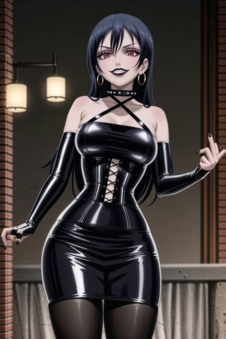 ((best quality)),  ((highly detailed)),  masterpiece,(Black lips:1.4), (white skin:1.4), ((official art)),  detailed face,  beautiful face, (cross-laced clothes:1.3), narrow_waist:1.3, dominatrix:1.4 , (intricate Black dress:1.4), (detailed eyes,  deep eyes),(science fiction, cyberpunk:1.3, street, shopping, pose:1.3, dancing:1.3, middle finger:1.3, \m/:1.2),((smirk, grin, naughty face, seductive smile, smug)) ,cowboy shot,(lips), umi sonoda, long hair, blue hair, (red eyes:1.3),   (spiked bracelet), corset:1.4, (black hoop earring:1.3), curvaceous, voluptuous body, (makeup:1.5) (lips:1.3), (latex:1.3),  (black tube top:1.2), gloves,(elbow gloves:1.2), skirt, black choker, pencil skirt, pantyhose, miniskirt, (black skirt), black gloves, black legwear, black nails,large breasts:1.2, (intricately detailed, hyperdetailed), blurry background, depth of field, best quality, masterpiece, intricate details, tonemapping, sharp focus, hyper detailed, trending on Artstation, 1 girl, solo, high res, official art,RockOfSuccubus, umi sonoda,<lora:659111690174031528:1.0>