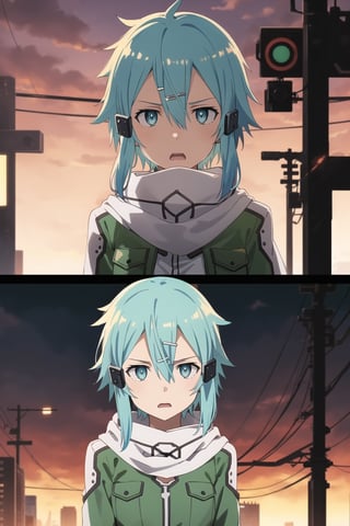 (best quality), (highly detailed), masterpiece, (official art), ((sinon1, cyberpunk, hair ornament, hairclip)), 1girl, upper body, bangs, blue eyes, blue hair, blurry, blurry background, fingerless gloves, green jacket, hair between eyes, hair ornament, hairclip, highres, jacket, long sleeves, outdoors, scarf, short hair, short hair with long locks, sidelocks, signature, sinon, solo, sunset, sword art online, turning head, ((open eyes, shocked expression,fear, horror, fear:1.2)), open mouth, 
