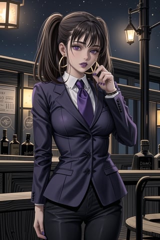 ((best quality)),  ((highly detailed)),  masterpiece,1girl, 1girl, (lips:1.3) (purple lips:1.4),pose:1.2, white shirt, suit, black jacket, black pants, black necktie, large breast, (hoop earrings:1.2), purple nails, looking at viewer, standing, cowboy shot, bar,outdoor,lamp,nigth,space, alcohol, purple nails, wristband,,diane, twintails, brown hair, purple eyes,<lora:659111690174031528:1.0>