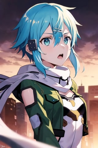 (best quality), (highly detailed), masterpiece, (official art), ((sinon1, cyberpunk, hair ornament, hairclip)), 1girl, upper body, bangs, blue eyes, blue hair, blurry, blurry background, fingerless gloves, green jacket, hair between eyes, hair ornament, hairclip, highres, jacket, long sleeves, outdoors, scarf, short hair, short hair with long locks, sidelocks, signature, sinon, solo, darkness, sword art online, turning head, ((open eyes, shocked expression,fear, horror, surprised:1.2)), open mouth,surprised look,surprised girl,