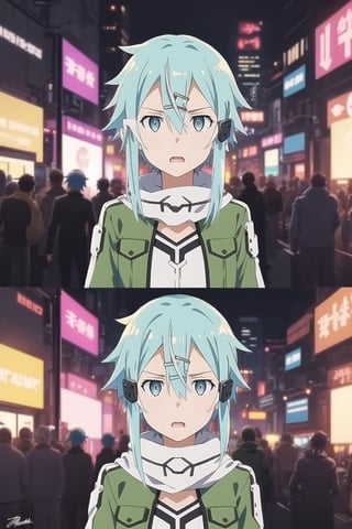 (best quality), (highly detailed), masterpiece, (official art), ((sinon1, cyberpunk, hair ornament, hairclip)), 1girl, upper body, bangs, blue eyes, blue hair, blurry, blurry background, fingerless gloves, green jacket, hair between eyes, hair ornament, hairclip, highres, jacket, long sleeves, outdoors, scarf, short hair, short hair with long locks, sidelocks, signature, sinon, solo, darkness, sword art online, turning head, ((open eyes, shocked expression, surprised:1.2)), open mouth,surprised look,surprised girl,