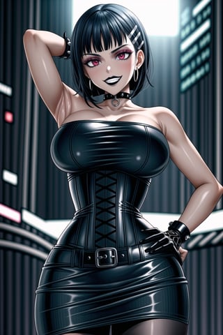 ((best quality)),  ((highly detailed)),  masterpiece,(Black lips:1.4),  ((official art)),  detailed face,  beautiful face, narrow_waist:1.3 , (intricate Black dress:1.4),(detailed eyes,  deep eyes),(science fiction, cyberpunk:1.3, street, shopping, dark background),((smirk, grin, naughty face, seductive smile, smug, arm behind head, hand_on_own_hip, head_tilt)),, ,cowboy shot,(lips), ,kirigaya suguha, blunt bangs, short bangs, black hair:1.3, short hair, hair ornament, hairclip,(red eyes),  cross-laced clothes, (spiked bracelet), corset:1.4,chinese dress:1.2, hoop earring, curvaceous, voluptuous body, (makeup:1.3) (lips:1.3), (latex),  (black tube top:1.2), gloves, fingerless gloves, skirt, black choker, belt, pencil skirt, pantyhose, miniskirt, (black skirt), black gloves, black legwear, black choker, Black nails,large breasts, conspicuous elegance, snobby, upper class elitist, possesses an arroaant charm. her Dresence commands attention and enw, (intricately detailed, hyperdetailed), blurry background, depth of field, best quality, masterpiece, intricate details, tonemapping, sharp focus, hyper detailed, trending on Artstation, 1 girl, solo, high res, official art,RockOfSuccubus,<lora:659111690174031528:1.0>