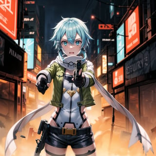 ((best quality)),  masterpiece, sinon1,(surprised:1.3), (scary:1.3), 
lips, aiming at viewer,holding pistol, ((sinon1, cyberpunk, hair ornament, hairclip)), (( pose)),1girl,  bangs, belt pouch, black gloves, black shorts, blue eyes, blue hair,fingerless gloves, green jacket, green legwear, gun, hair between eyes, hair ornament, hairclip, highres, jacket, long sleeves, outdoors,  handgun, scarf, shadow, short hair, short hair with long locks, short shorts, shorts, sidelocks, sinon, pistol, solo,, sword art online, weapon, , fingerless gloves,
Anime illustration, post-apocalyptic cyberpunk setting, cowboy shot:1.3. . She holding a  handgun, shooting sideways:1.3.

The background features a ruined cityscape with neon signs, broken buildings, and flickering lights, enhancing the cyberpunk atmosphere. The scene is lit with a mix of neon glows and dark shadows, emphasizing the chaotic and dystopian environment.