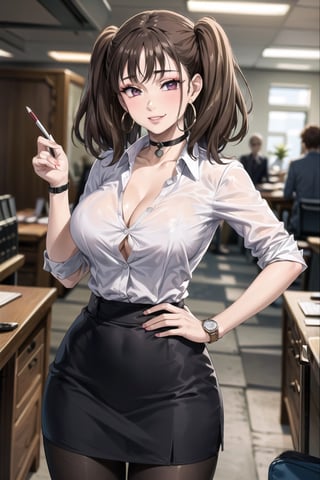 ((best quality)), ((highly detailed)), masterpiece, ((official art)), ( diane, twintails), (blonde hair:1.2), (office:1.3), (window, indoors, plant), (seductive smile), (makeup:1.2),(choker:1.2),(hoop earrings), (high-waist skirt:1.2), (black skirt), (collarbone, cleavage) , (lips:1.2), (narrow_waist:1.2) , wristwatch, skirt, solo, (cowboy shot:1.2), standing, pencil skirt,(seductive pose:1.2) collared shirt, (office lady), (white shirt:1.2), (formal:1.1), shirt tucked in, (skirt suit), black pantyhose, dress shirt, intricately detailed, hyperdetailed, blurry background, depth of field, best quality, masterpiece, intricate details, tonemapping, sharp focus, hyper detailed, trending on Artstation, 1 girl, high res, official art