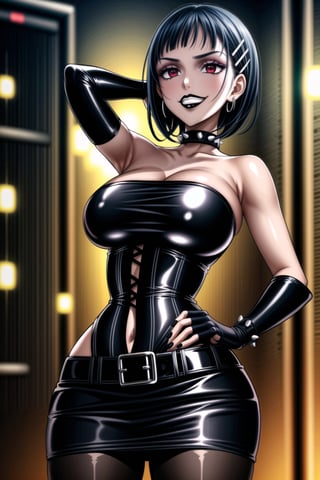 ((best quality)),  ((highly detailed)),  masterpiece,(Black lips:1.4),  ((official art)),  detailed face,  beautiful face, narrow_waist:1.3 , (intricate Black dress:1.4),(detailed eyes,  deep eyes),(science fiction, cyberpunk:1.3, street, shopping, dark background),((smirk, grin, naughty face, seductive smile, smug, arm behind head, hand_on_own_hip, head_tilt)),, ,cowboy shot,(lips), ,kirigaya suguha, blunt bangs, short bangs, black hair:1.3, short hair, hair ornament, hairclip,(red eyes),  cross-laced clothes, (spiked bracelet), corset:1.4,chinese dress:1.2, hoop earring, curvaceous, voluptuous body, (makeup:1.3) (lips:1.3), (latex),  (black tube top:1.2), gloves, fingerless gloves, skirt, black choker, belt, pencil skirt, pantyhose, miniskirt, (black skirt), black gloves, black legwear, black choker, Black nails,large breasts, conspicuous elegance, snobby, upper class elitist, possesses an arroaant charm. her Dresence commands attention and enw, (intricately detailed, hyperdetailed), blurry background, depth of field, best quality, masterpiece, intricate details, tonemapping, sharp focus, hyper detailed, trending on Artstation, 1 girl, solo, high res, official art,RockOfSuccubus,<lora:659111690174031528:1.0>