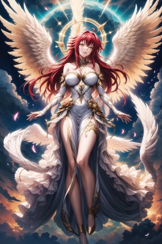 (best quality), (highly detailed), masterpiece, (official art), Rias Gremory as a serene angel, lips smile, with long flowing red hair and a delicate ahoge, luminous white wings spread wide behind her. She is wearing a simple, elegant white gown that flows gracefully around her, softly billowing as she floats in the sky. Rias stands with her arms gracefully open, as if welcoming you with a serene and benevolent presence, her yellow eyes. Rays of divine light shine down from the heavens, illuminating her figure, while she hovers among soft, glowing clouds. The sky is a serene blend of soft pastels, with golden rays breaking through, creating a heavenly and peaceful atmosphere. Her wings emit a gentle, ethereal light, adding to her angelic presence.