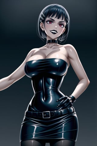 ((best quality)),  ((highly detailed)),  masterpiece,(Black lips:1.4),  ((official art)),  detailed face,  beautiful face, narrow_waist:1.3 , (intricate Black dress:1.4),(detailed eyes,  deep eyes),(science fiction, cyberpunk:1.3, street, shopping, dark background),((smirk, grin, naughty face, seductive smile, smug, arm behind head, hand_on_own_hip, head_tilt)),, ,cowboy shot,(lips), ,kirigaya suguha, blunt bangs, short bangs, black hair:1.3, short hair, hair ornament, hairclip,(red eyes),  cross-laced clothes, (spiked bracelet), corset:1.4,chinese dress:1.2, hoop earring, curvaceous, voluptuous body, (makeup:1.3) (lips:1.3), (latex),  (black tube top:1.2), gloves, fingerless gloves, skirt, black choker, belt, pencil skirt, pantyhose, miniskirt, (black skirt), black gloves, black legwear, black choker, Black nails,large breasts, conspicuous elegance, snobby, upper class elitist, possesses an arroaant charm. her Dresence commands attention and enw, (intricately detailed, hyperdetailed), blurry background, depth of field, best quality, masterpiece, intricate details, tonemapping, sharp focus, hyper detailed, trending on Artstation, 1 girl, solo, high res, official art,RockOfSuccubus,<lora:659111690174031528:1.0>