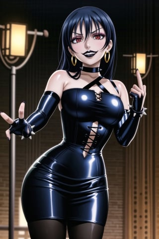 ((best quality)),  ((highly detailed)),  masterpiece,(Black lips:1.4), (white skin:1.4), ((official art)),  detailed face,  beautiful face, (cross-laced clothes:1.3), narrow_waist:1.3, dominatrix:1.4 , (intricate Black dress:1.4), (detailed eyes,  deep eyes),(science fiction, cyberpunk:1.3, street, shopping, pose:1.3, dancing:1.3, middle finger:1.3, \m/:1.2),((smirk, grin, naughty face, seductive smile, smug)) ,cowboy shot,(lips), umi sonoda, long hair, blue hair, (red eyes:1.3),   (spiked bracelet), corset:1.4, (black hoop earring:1.3), curvaceous, voluptuous body, (makeup:1.5) (lips:1.3), (latex:1.3),  (black tube top:1.2), gloves,(elbow gloves:1.2), skirt, black choker, pencil skirt, pantyhose, miniskirt, (black skirt), black gloves, black legwear, black nails,large breasts:1.2, (intricately detailed, hyperdetailed), blurry background, depth of field, best quality, masterpiece, intricate details, tonemapping, sharp focus, hyper detailed, trending on Artstation, 1 girl, solo, high res, official art,RockOfSuccubus, umi sonoda,<lora:659111690174031528:1.0>