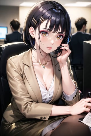 (best quality), (highly detailed), masterpiece, (official art), suguha, short hair, black hair, bob cut, hairclip, hair ornament, blunt bangs, lips, 3-piece business dress, ((professional attire, confident pose)), modern office setting, (((elegant hairstyle, stylish makeup))), neutral color palette, high heels, office accessories, natural lighting, corporate ambiance, subtle jewelry, sleek design, sophisticated demeanor, ((composed expression)).  (intricately detailed, hyperdetailed), blurry background,depth of field, best quality, masterpiece, intricate details, tonemapping, sharp focus, hyper detailed, trending on Artstation,1 girl, solo,high res,official art