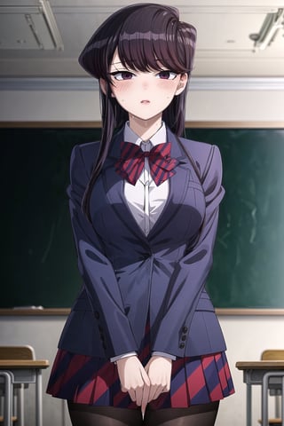 ((best quality)),  ((highly detailed)),  masterpiece,  ((official art)),  SK, lips, school, schoolroom, standing, chalkboard ,looking at viewer, (body trembling:1.3, scary:1.2, fear:1.2), ((sweat, weat,blush)), parted lips, dark blue blazer, striped bowtie, school uniform,  v arms, pantyhose, classroom, cowboy shot, school uniform, red skirt, red bow, blazer,,  girl,  indoors,  intricately detailed,  hyperdetailed,  blurry background, depth of field,  best quality,  masterpiece,  intricate details,  tonemapping,  sharp focus,  hyper detailed,  trending on Artstation, 1 girl,  high res,  official art,SK,StandingAtAttention