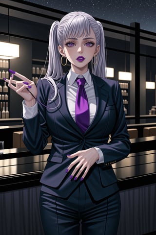 ((best quality)),  ((highly detailed)),  masterpiece,1girl, 1girl, (lips:1.3) (purple lips:1.4),pose:1.2, white shirt, suit, black jacket, black pants, black necktie, large breast, (hoop earrings:1.2), purple nails, looking at viewer, standing, cowboy shot, bar,outdoor,lamp,nigth,space, alcohol, purple nails, wristband,,noelle_silva, twintails, white hair, purple eyes,<lora:659111690174031528:1.0>