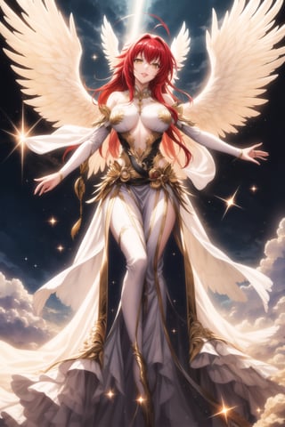 (best quality), (highly detailed), masterpiece, (official art), Rias Gremory as a serene angel, lips smile, with long flowing red hair and a delicate ahoge, luminous white wings spread wide behind her. She is wearing a simple, elegant white gown that flows gracefully around her, softly billowing as she floats in the sky. Rias stands with her arms gracefully open, as if welcoming you with a serene and benevolent presence, her yellow eyes. Rays of divine light shine down from the heavens, illuminating her figure, while she hovers among soft, glowing clouds. The sky is a serene blend of soft pastels, with golden rays breaking through, creating a heavenly and peaceful atmosphere. Her wings emit a gentle, ethereal light, adding to her angelic presence.