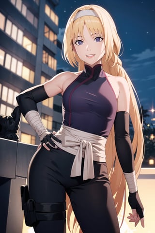 (best quality), (highly detailed), masterpiece, (official art),sumire kakei, posing, hand on hip, lips, (blonde hair), smile, long hair, ninja, elbow gloves, bandages, black pants, looking at viewer, city, night, sky, (intricately detailed, hyperdetailed), blurry background,depth of field, best quality, masterpiece, intricate details, tonemapping, sharp focus, hyper detailed, trending on Artstation,1 girl, high res, official art,b1mb0