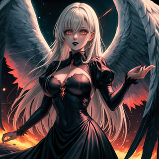 masterpiece, best quality, absurdres, 4k, 8k, uhd create fallen archangel,detailed angel wins, bloodlust, (dutch angle), hell. fire, (black wings),black dress, elizabeth, red glowy eyes, eerie, creepy, nightmarish, very bright colors, light particles, wallpaper art, ((cosmic energy)),high detailed ,evil smile, white hair, ((black lips))