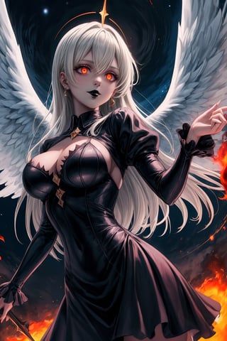 masterpiece, best quality, absurdres, 4k, 8k, uhd create fallen archangel,detailed angel wins, bloodlust, (dutch angle), hell. fire, (black wings),black dress, elizabeth, red glowy eyes, eerie, creepy, nightmarish, very bright colors, light particles, wallpaper art, ((cosmic energy)),high detailed ,evil smile, white hair, ((black lips))