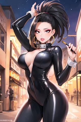 yaoyorozu momo, 1girl, black eyes, black hair, ponytail, long hair, hair pulled back, ,lips, boku no hero academia,  (((hoop earrings,makeup,black bodysuit, unzipped,,latex))),  skin tight, outdoors, city, night, edge lighting,