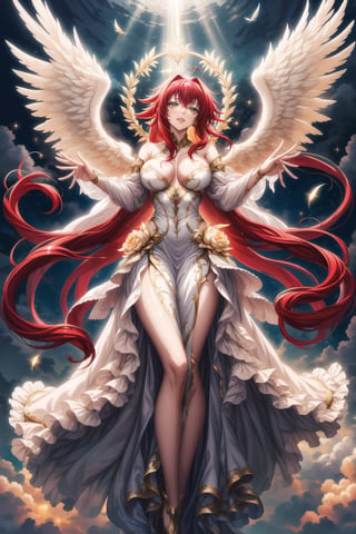 (best quality), (highly detailed), masterpiece, (official art), Rias Gremory as a serene angel, lips smile, with long flowing red hair and a delicate ahoge, luminous white wings spread wide behind her. She is wearing a simple, elegant white gown that flows gracefully around her, softly billowing as she floats in the sky. Rias stands with her arms gracefully open, as if welcoming you with a serene and benevolent presence, her yellow eyes. Rays of divine light shine down from the heavens, illuminating her figure, while she hovers among soft, glowing clouds. The sky is a serene blend of soft pastels, with golden rays breaking through, creating a heavenly and peaceful atmosphere. Her wings emit a gentle, ethereal light, adding to her angelic presence.