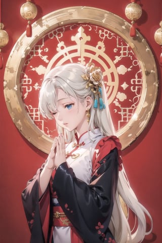  elizabeth, long hair, blue eyes, white hair, hair over one eye,  beautiful girl,wearing black, lips,A Chinese ancient beauty is praying, with hands clasped together, eyes closed in silence, wearing a solemn yet beautiful expression, Red Background