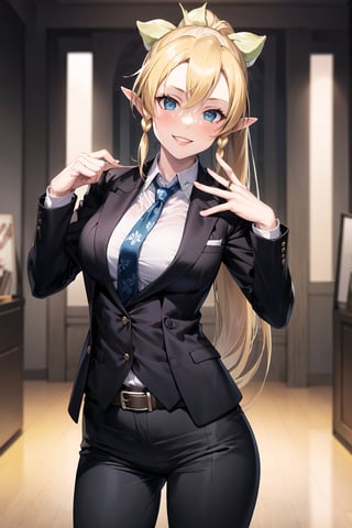 (best quality), (highly detailed), masterpiece, (official art), leafa, pointy ears, long hair, ponytail, braid, blonde hair, lips, smile, necktie,pose,  black jacket,(black suit), open suit,  open jacket,long sleeves, shirt tucked in,looking at viewer, shirt, black necktie, white shirt, medium breasts,window, formal, office lady,pants, black pants, black belt, business suit, suit,  (intricately detailed, hyperdetailed), blurry background,depth of field, best quality, masterpiece, intricate details, tonemapping, sharp focus, hyper detailed, trending on Artstation,1 girl, solo,high res,official art