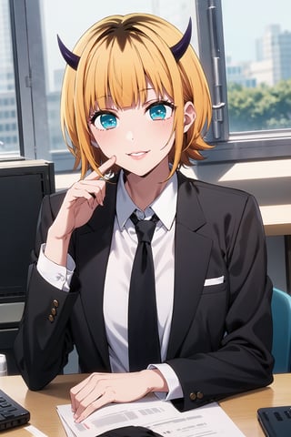 (best quality), (highly detailed), masterpiece, (official art), memcho, short hair, blonde hair, multicolored hair, aqua eyes, blunt bangs, horns, lips, smile, top jacket:1.3,black pants, belt, pose:1.3,,necktie,  black jacket,(black suit), long sleeves, shirt tucked in,looking at viewer, shirt, black necktie, white shirt, medium breasts,window, formal, office lady,pants, business suit, suit,  (intricately detailed, hyperdetailed), blurry background,depth of field, best quality, masterpiece, intricate details, tonemapping, sharp focus, hyper detailed, trending on Artstation,1 girl, solo,high res,official art,memcho