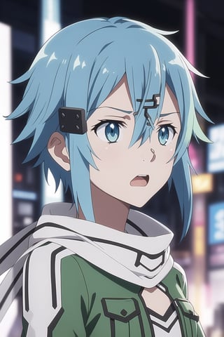 (best quality), (highly detailed), masterpiece, (official art), ((sinon1, cyberpunk, hair ornament, hairclip)), 1girl, upper body, bangs, blue eyes, blue hair, blurry, blurry background, fingerless gloves, green jacket, hair between eyes, hair ornament, hairclip, highres, jacket, long sleeves, outdoors, scarf, short hair, short hair with long locks, sidelocks, signature, sinon, solo, darkness, sword art online, turning head, ((open eyes, shocked expression, surprised:1.2)), open mouth,surprised look,surprised girl,