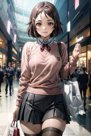 ((best quality)),  ((highly detailed)),  masterpiece,  ((official art)),  detailed face,  beautiful face,  (detailed eyes,  deep eyes),(, shopping_mall,, retail_therapy),  cowboy shot, extravagant shopping spree,  (shopping:1.2),high society,(smile, happy),rika, brown hair, hair clip, brown eyes, freckles,Black skirt,school uniform,((pink sweater:1.2)), zettai ryouiki, neck ribbon pleated skirt, black thighhighs,(at sides, looking at sides), curvaceous,  voluptuous body,  medium breast,  (intricately detailed, hyperdetailed), blurry background, depth of field, best quality, masterpiece, intricate details, tonemapping, sharp focus, hyper detailed, trending on Artstation, 1 girl, solo, high res, official art