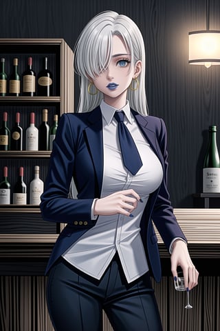 ((best quality)),  ((highly detailed)),  masterpiece,1girl, 1girl, (lips:1.3) (blue lips:1.2),pose:1.2, white shirt, suit, black jacket, black pants, black necktie, large breast, (hoop earrings:1.2), blue nails, looking at viewer, standing, cowboy shot, bar,outdoor,lamp,nigth,space, alcohol, blue nails, wristband,lizabeth, long hair, blue eyes, white hair, hair over one eye, single earring,<lora:659111690174031528:1.0>