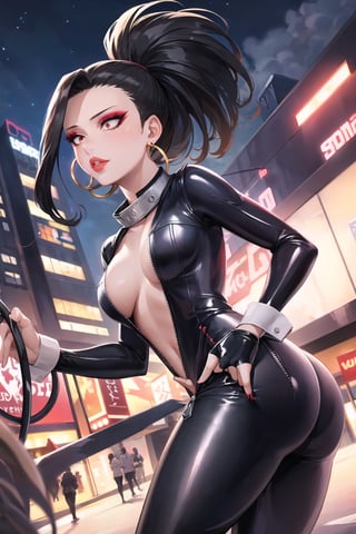 yaoyorozu momo, 1girl, ((red eyes)), black hair, ponytail, long hair, hair pulled back, ,lips, boku no hero academia,  (((hoop earrings,makeup,black bodysuit, unzipped,,latex))),  skin tight, outdoors, city, night, edge lighting,