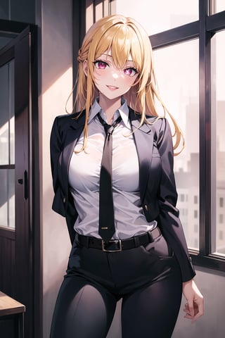 (best quality), (highly detailed), masterpiece, (official art),  hoshino_ruby, long hair, one side up, lips, smile, top jacket:1.3,black pants, belt,,necktie,  black jacket,(black suit), long sleeves, shirt tucked in,looking at viewer, shirt, black necktie, white shirt, medium breasts,window, formal, office lady,pants, business suit, suit,  (intricately detailed, hyperdetailed), blurry background,depth of field, best quality, masterpiece, intricate details, tonemapping, sharp focus, hyper detailed, trending on Artstation,1 girl, solo,high res,official art,hoshino_ruby