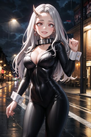 masterpiece,best quality,highres,ultra-detailed, eri, long hair, (red eyes:1.5), grey hair, horns, child, single horn, tall woman, hoop earring, long_sleeves,large breasts, evil smile, crazy, grin, naughty_face, collar, makeup:1.2, lips:1.2, (((black bodysuit, wrist cuffs))), latex:1.3, large breasts, cleavage, outdoors, nigth, rain, street,standing