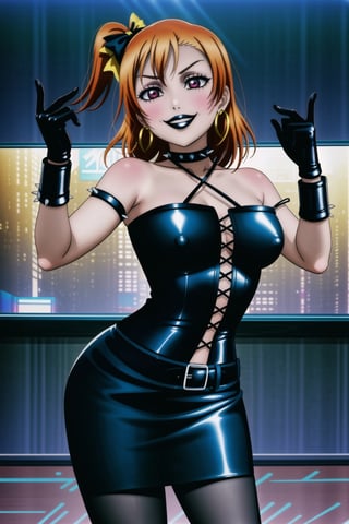 ((best quality)),  ((highly detailed)),  masterpiece,(Black lips:1.4), (white skin:1.4), ((official art)),  detailed face,  beautiful face, (cross-laced clothes:1.3), narrow_waist:1.3, dominatrix:1.4 , (intricate Black dress:1.4), (detailed eyes,  deep eyes),(science fiction, cyberpunk:1.3, street, shopping, pose:1.3, dancing:1.3),((smirk, grin, naughty face, seductive smile, smug)) ,cowboy shot,(lips), kousaka honoka, yellow hair bow, one side up, orange hair,  medium hair, (red eyes:1.3),   (spiked bracelet), corset:1.4, (black hoop earring:1.3), curvaceous, voluptuous body, (makeup:1.5) (lips:1.3), (latex:1.3),  (black tube top:1.2), gloves,elbow gloves, skirt, black choker, pencil skirt, pantyhose, miniskirt, (black skirt), black gloves, black legwear, black nails,large breasts:1.2, (intricately detailed, hyperdetailed), blurry background, depth of field, best quality, masterpiece, intricate details, tonemapping, sharp focus, hyper detailed, trending on Artstation, 1 girl, solo, high res, official art,RockOfSuccubus,kousaka honoka,<lora:659111690174031528:1.0>