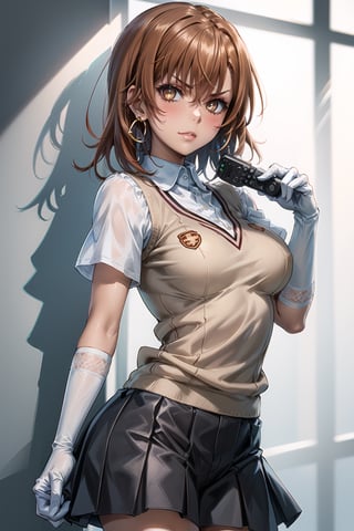 ((best quality)),  ((highly detailed)),  masterpiece,1girl, ((remote_control, aiming_at_viewer, closed_mouth, sparkling_eyes, smug, shaded_face)),(large breasts), tokiwadai school uniform, sweater vest, short sleeves, (](white gloves, elbow gloves)), pleated skirt, white thighhighs ,1girl, lips:1.2, makeup:1.2, ((gyaru)) ,jewelry, blush, earrings, looking at viewer, standing, cowboy shot, red hair, school, short hair, aamikoto ,hmmisaki,hypnoCollar,V-shaped eyebrows, 1girl