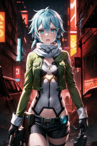 ((Best quality)), masterpiece, Sinon1, (surprised:1.5), lips, aiming at viewer, holding pistol, ((Sinon, cyberpunk, hair ornament, hairclip)), ((arms outstretched, pose)), 1girl, bangs, belt pouch, black gloves, black shorts, blue eyes, blue hair, fingerless gloves, green jacket, green legwear, gun, hair between eyes, hair ornament, hairclip, highres, jacket, long sleeves, outdoors, handgun, scarf, shadow, short hair, short hair with long locks, short shorts, shorts, sidelocks, Sinon, pistol, solo, sword art online, weapon, Anime illustration, post-apocalyptic cyberpunk setting, cowboy shot.

Sinon is on her knees, out of breath and agitated, with a surprised expression, lips slightly parted, as she senses something or someone behind her. She is holding her handgun, arms outstretched, aiming it at the viewer but glancing over her shoulder with wide eyes. The background features a ruined cityscape with neon signs, broken buildings, and flickering lights, enhancing the cyberpunk atmosphere. The scene is lit with a mix of neon glows and dark shadows, emphasizing the chaotic and dystopian environment, reinforcing the tension and her heightened sense of alertness.