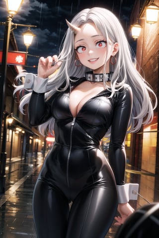 masterpiece,best quality,highres,ultra-detailed, eri, long hair, (red eyes:1.5), grey hair, horns, child, single horn, female child, pose, hoop earring, long_sleeves,large breasts, evil smile, crazy, grin, naughty_face, collar, (((black bodysuit, wrist cuffs))), latex:1.2, large breasts, cleavage, outdoors, nigth, rain, street,standing