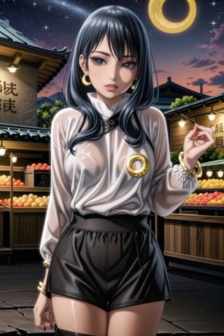 ((best quality)),  ((highly detailed)),  masterpiece,  ((official art)),  detailed face,  beautiful face ,(lips) , (detailed eyes,  deep eyes),(market, outdoor, lamp, chinese market. food, food market, people background, nigth, moon, space, star) ,cowboy shot, ,high society, pose:1.3, seductive smile, ,Saradauchiha,  1 girl,  (12 years old),  black hair,  short hair,  forehead protector,  red-rimmed glasses,  glasses,  (lips),(makeup:1.4), (((((white shirt, long sleeves, jewelry, earrings, shorts, nail polish, bracelet, short shorts, black shorts, crescent))))), curvaceous,  voluptuous body, large breast,  (intricately detailed, hyperdetailed), blurry background, depth of field, best quality, masterpiece, intricate details, tonemapping, sharp focus, hyper detailed, trending on Artstation, 1 girl, solo, high res, official art,<lora:659111690174031528:1.0>