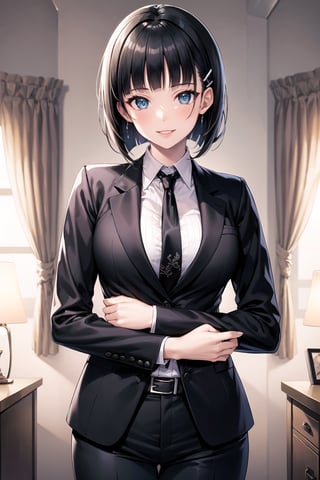 (best quality), (highly detailed), masterpiece, (official art), suguha, short hair, black hair, bob cut, hairclip, hair ornament, blunt bangs, lips, smile, necktie,pose,  black jacket,(black suit), open suit,  open jacket,long sleeves, shirt tucked in,looking at viewer, shirt, black necktie, white shirt, medium breasts,window, formal, office lady,pants, black pants, black belt, business suit, suit,  (intricately detailed, hyperdetailed), blurry background,depth of field, best quality, masterpiece, intricate details, tonemapping, sharp focus, hyper detailed, trending on Artstation,1 girl, solo,high res,official art