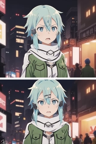 (best quality), (highly detailed), masterpiece, (official art), ((sinon1, cyberpunk, hair ornament, hairclip)), 1girl, upper body, bangs, blue eyes, blue hair, blurry, blurry background, fingerless gloves, green jacket, hair between eyes, hair ornament, hairclip, highres, jacket, long sleeves, outdoors, scarf, short hair, short hair with long locks, sidelocks, signature, sinon, solo, darkness, sword art online, turning head, ((open eyes, shocked expression,fear, horror, surprised:1.2)), open mouth,surprised look,surprised girl,