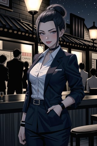 ((best quality)),  ((highly detailed)),  masterpiece,1girl, 1girl, (lips:1.2), seductive smile, smirk, naughty_face,nail polish, solo,   black pants,  formal,  black jacket,  open jacket,  (white shirt),  belt, ,  black jacket, (black suit),  long sleeves,  shirt tucked in,, (black choker), blush, earrings, black nails, looking at viewer, standing, cowboy shot, fingernails,  bar,outdoor,lamp,nigth,space, alcohol, sexy pose:1.2, purple nails, wristband,azula,,<lora:659111690174031528:1.0>