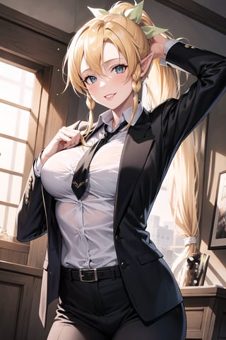 (best quality), (highly detailed), masterpiece, (official art), leafa, pointy ears, long hair, ponytail, braid, blonde hair, lips, smile, necktie,pose,  black jacket,(black suit), open suit,  open jacket,long sleeves, shirt tucked in,looking at viewer, shirt, black necktie, white shirt, medium breasts,window, formal, office lady,pants, black pants, black belt, business suit, suit,  (intricately detailed, hyperdetailed), blurry background,depth of field, best quality, masterpiece, intricate details, tonemapping, sharp focus, hyper detailed, trending on Artstation,1 girl, solo,high res,official art