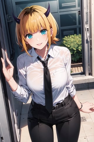 (best quality), (highly detailed), masterpiece, (official art), memcho, short hair, blonde hair, multicolored hair, aqua eyes, blunt bangs, horns, lips, smile, top jacket:1.3,black pants, belt, pose:1.3,,necktie,  black jacket,(black suit), long sleeves, shirt tucked in,looking at viewer, shirt, black necktie, white shirt, medium breasts,window, formal, office lady,pants, business suit, suit,  (intricately detailed, hyperdetailed), blurry background,depth of field, best quality, masterpiece, intricate details, tonemapping, sharp focus, hyper detailed, trending on Artstation,1 girl, solo,high res,official art,memcho