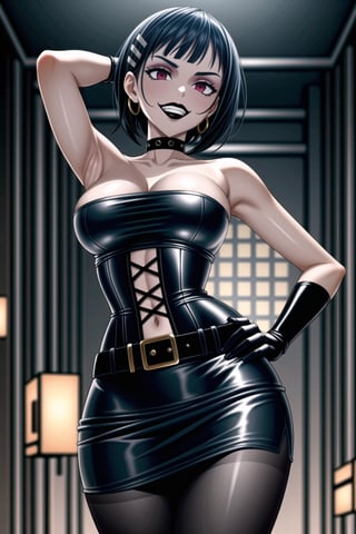 ((best quality)),  ((highly detailed)),  masterpiece,(Black lips:1.4),  ((official art)),  detailed face,  beautiful face, narrow_waist:1.3 , (intricate Black dress:1.4),(detailed eyes,  deep eyes),((extended_arm, presenting_gift, gift_giving, front_view, gesture)),(science fiction, cyberpunk:1.2, street, shopping, dark background),((smirk, grin, naughty face, seductive smile, smug, arm behind head, hand_on_own_hip, head_tilt)),, ,cowboy shot,(lips), ,kirigaya suguha, blunt bangs, short bangs, black hair:1.3, short hair, hair ornament, hairclip,(red eyes),  cross-laced clothes, (spiked bracelet), corset:1.4,chinese dress:1.2, hoop earring, curvaceous, voluptuous body, (makeup:1.3) (lips:1.3), (latex),  (black tube top:1.2), gloves, fingerless gloves, skirt, black choker, belt, pencil skirt, pantyhose, miniskirt, (black skirt), black gloves, black legwear, black choker, Black nails,large breasts, conspicuous elegance, snobby, upper class elitist, possesses an arroaant charm. her Dresence commands attention and enw, (intricately detailed, hyperdetailed), blurry background, depth of field, best quality, masterpiece, intricate details, tonemapping, sharp focus, hyper detailed, trending on Artstation, 1 girl, solo, high res, official art,RockOfSuccubus,<lora:659111690174031528:1.0>