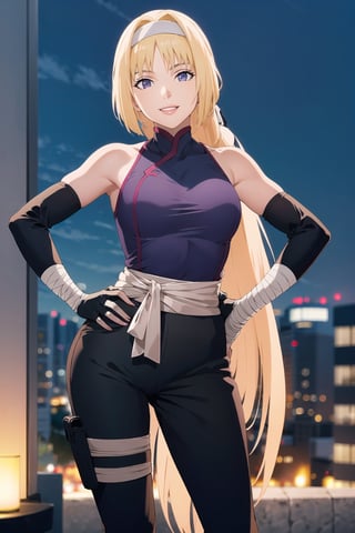 (best quality), (highly detailed), masterpiece, (official art),sumire kakei, posing, hand on hip, lips, (blonde hair), smile, long hair, ninja, elbow gloves, bandages, black pants, looking at viewer, city, night, sky, (intricately detailed, hyperdetailed), blurry background,depth of field, best quality, masterpiece, intricate details, tonemapping, sharp focus, hyper detailed, trending on Artstation,1 girl, high res, official art,b1mb0