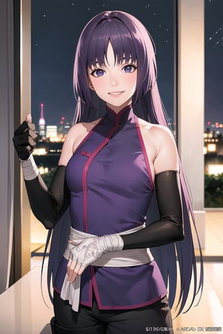 (best quality), (highly detailed), masterpiece, (official art),sumire kakei, smile, long hair, ninja, elbow gloves, bandages, black pants, upper body, looking at viewer, city, night, sky, (intricately detailed, hyperdetailed), blurry background,depth of field, best quality, masterpiece, intricate details, tonemapping, sharp focus, hyper detailed, trending on Artstation,1 girl, high res, official art